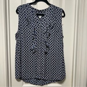 Charter Club Navy & White Geometric Ruffle Button Down Top